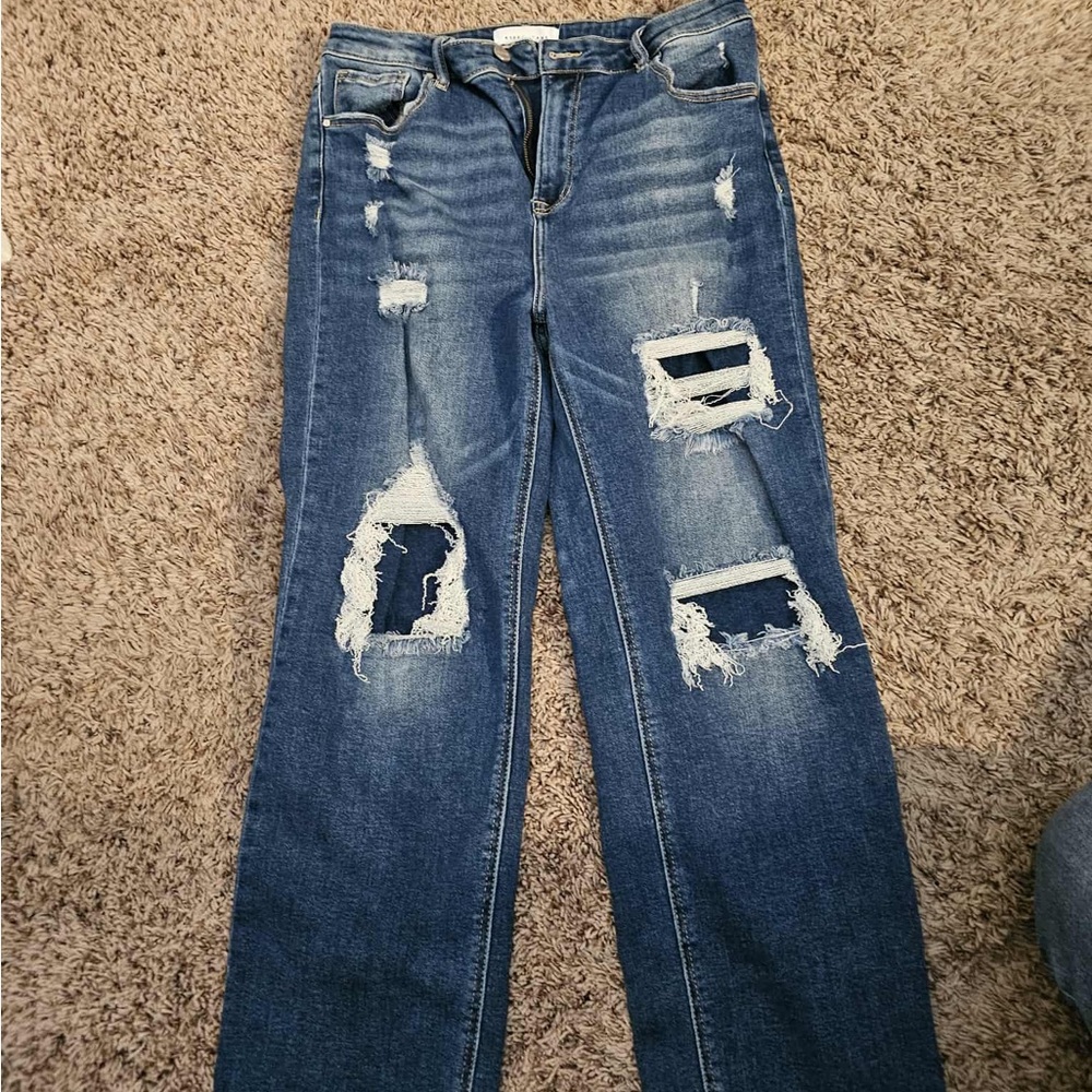 Classic Blue Distressed Straight Leg Jeans
